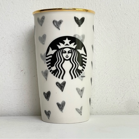 STARBUCKS Vintage 2014 Black Hearts White Ceramic Tumbler Gold Rim Collectible - Picture 1 of 8